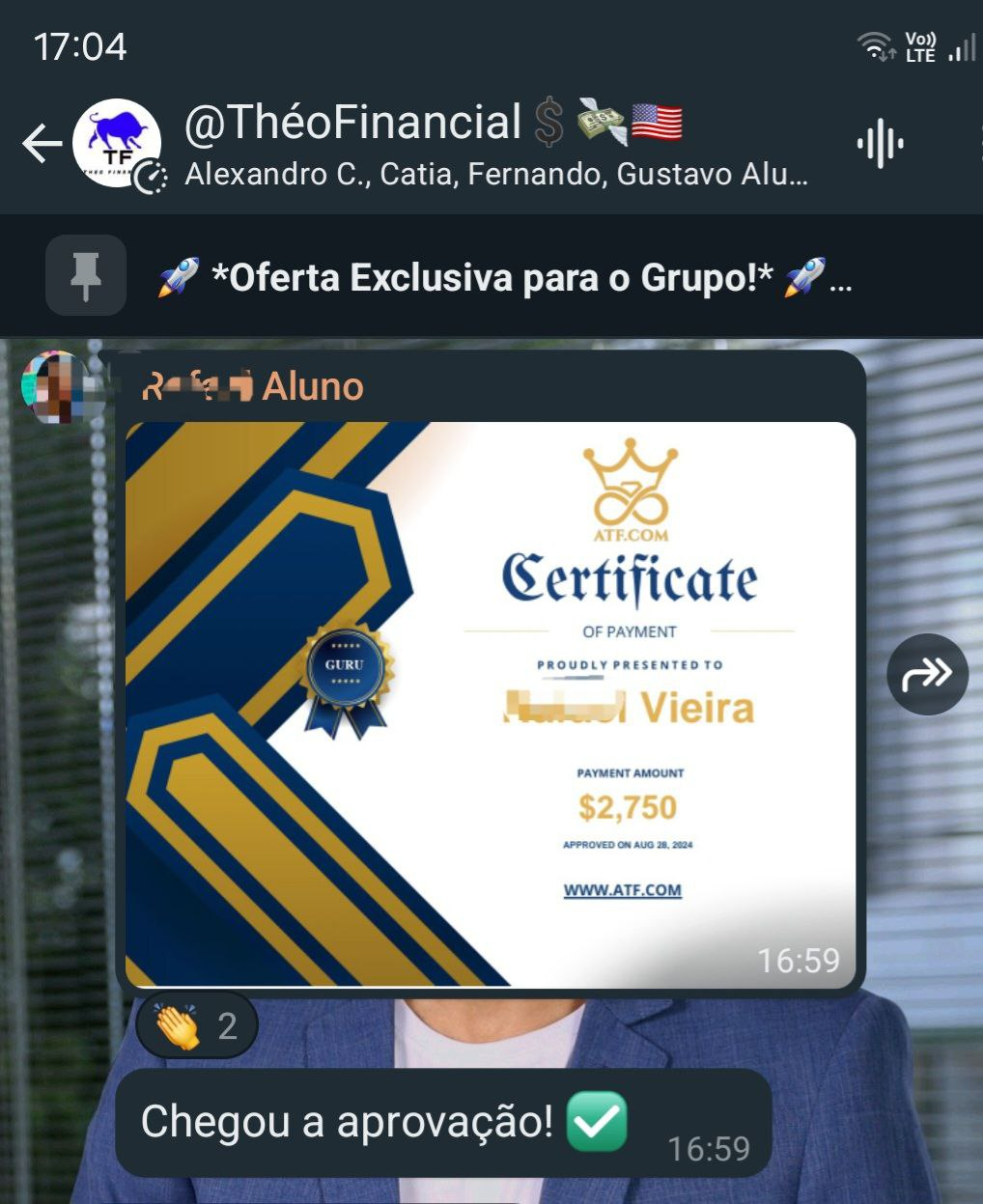 Print original de certificado de pagamento de US$ 2.750 compartilhado por aluno