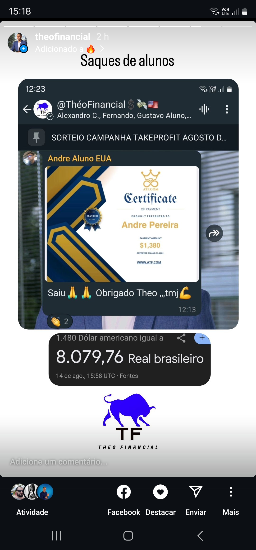 Print original de aluno com certificado de pagamento de US$ 1.380