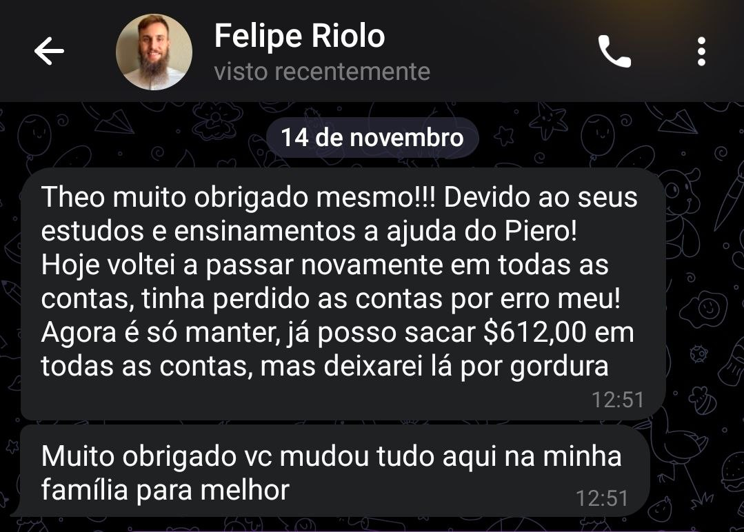 Print original de mensagem de aluno relatando aprovação em contas e agradecimento à mentoria