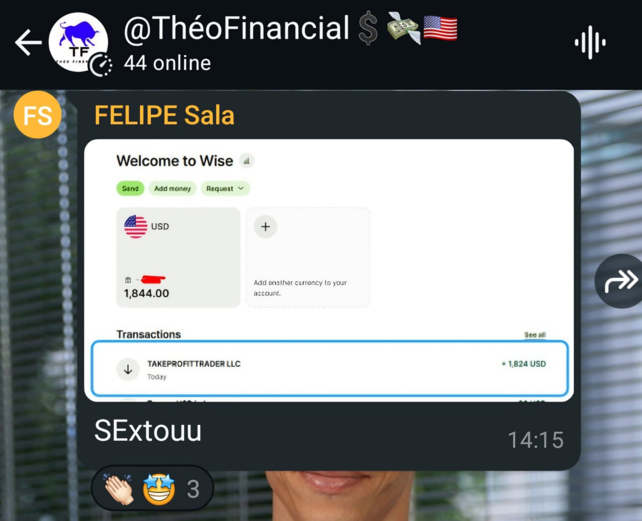 Print original de aluno mostrando recebimento de US$ 1.844 na Wise