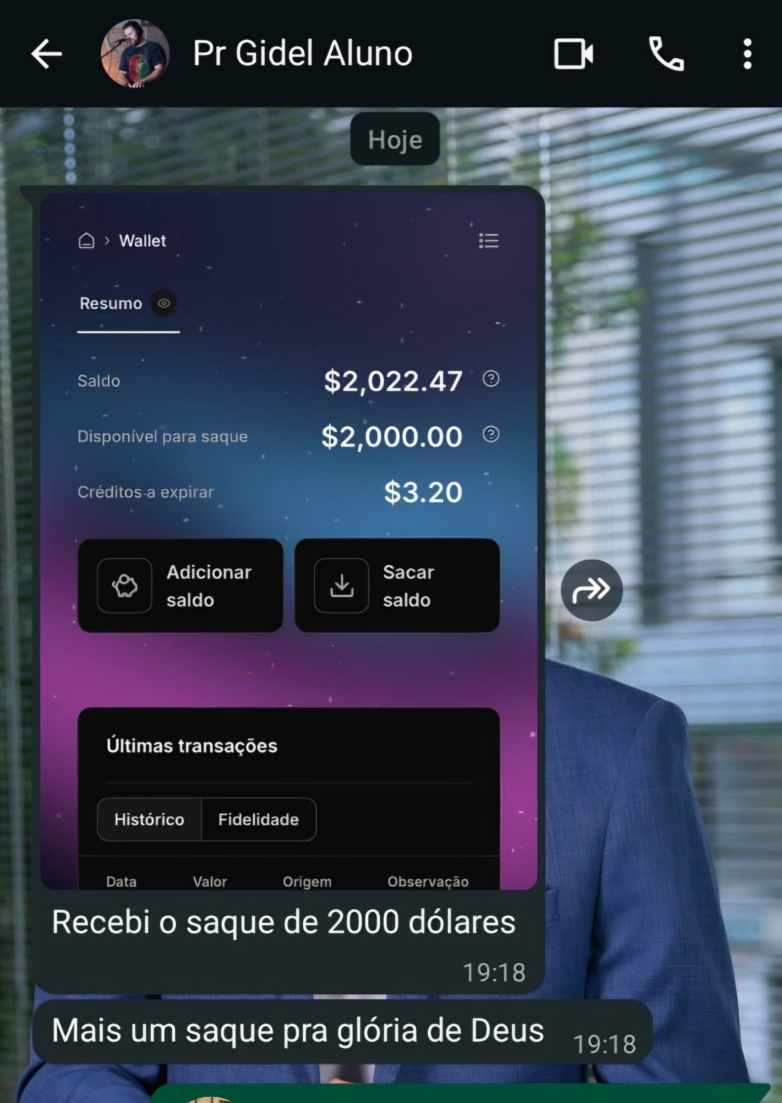 Print original de Gidel relatando o recebimento de saque de US$ 2.000