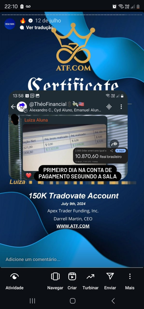 Print original de aluna compartilhando resultado operacional em conta de mesa