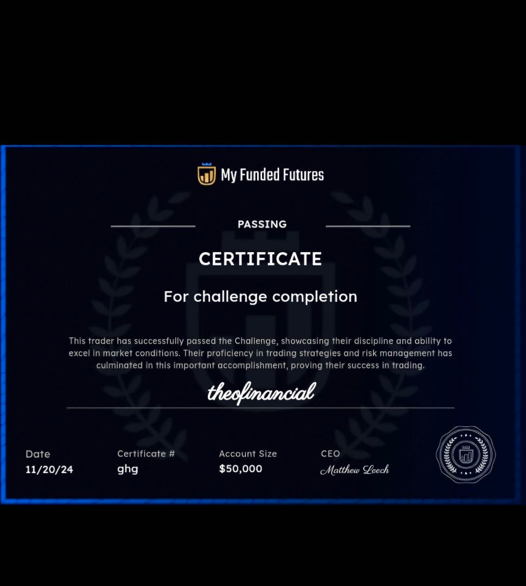 Certificado original de aprovação de desafio em nome de Theo Financial