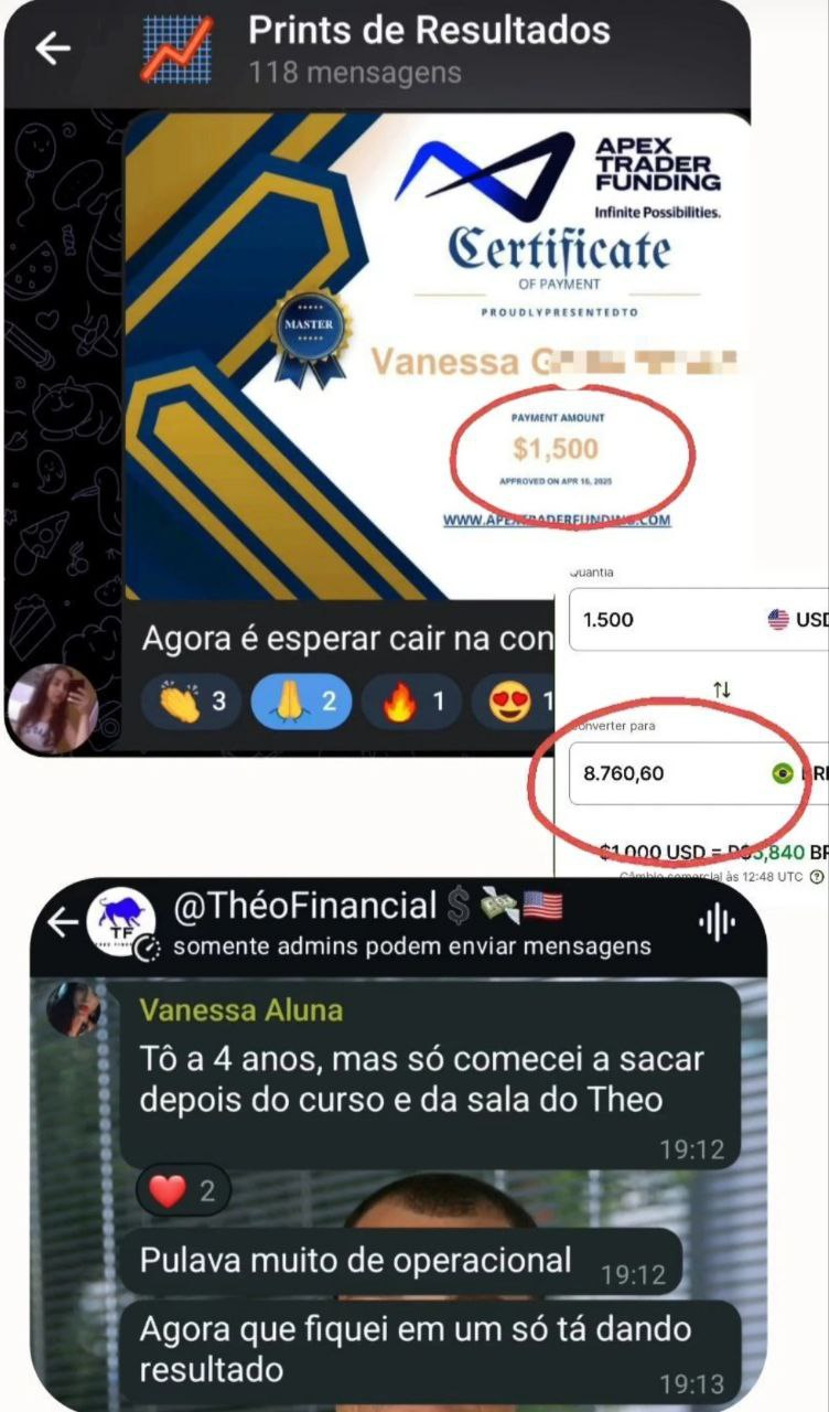 Print original de aluna com certificado de US$ 1.500 e relato sobre a mentoria